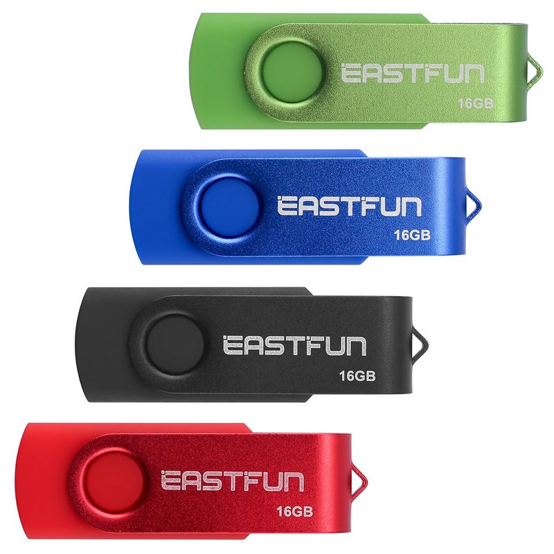EASTFUN 4 Pcs 16GB USB 2.0 Flash Drive Fold Storage Memory Stick Thumb Drive Swivel Design, Mix Colors (Red Black Blue Green) - Image 1